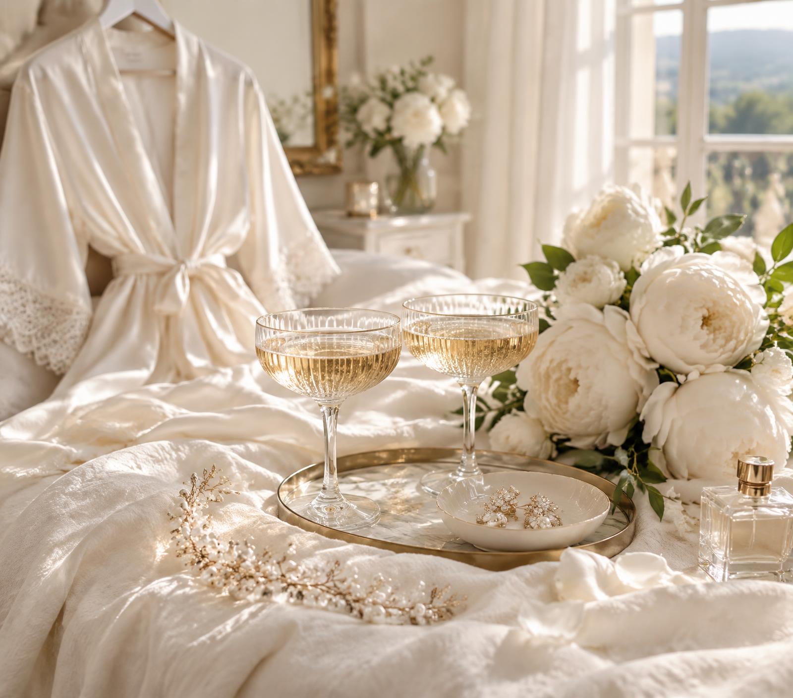 Moody bridal accessories styled in warm candlelight — robes, glassware and keepsakes